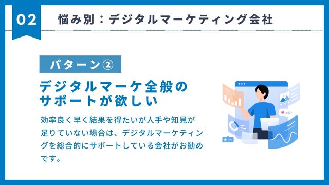 デジタルマーケティング会社のデジタルマーケ全般のサポートが欲しい
